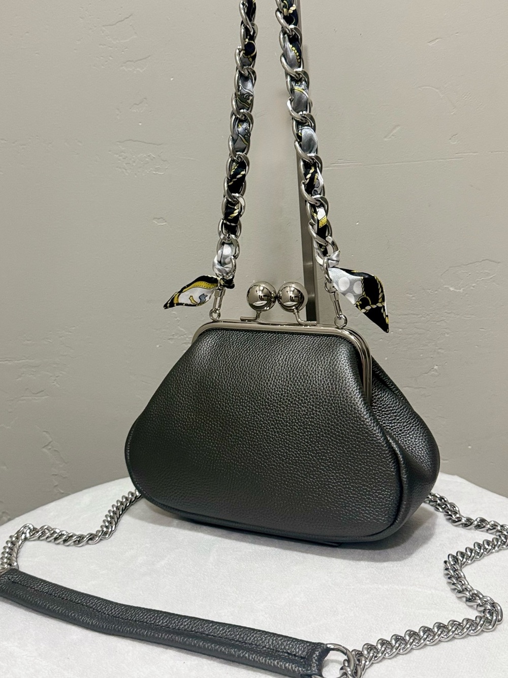 Gray Togo Cowhide Calfskin Handmade Kisslock Frame Bag, Multi Use Style